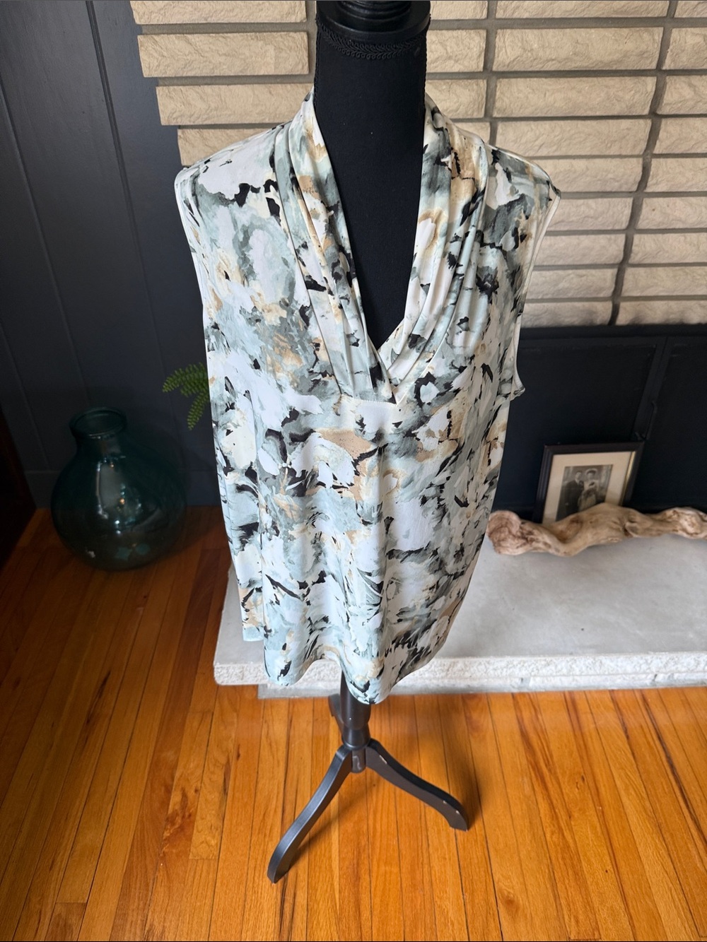 Anne Klein Cowl Neck Camisole in Pale Blue, Cream & Black Abstract Print